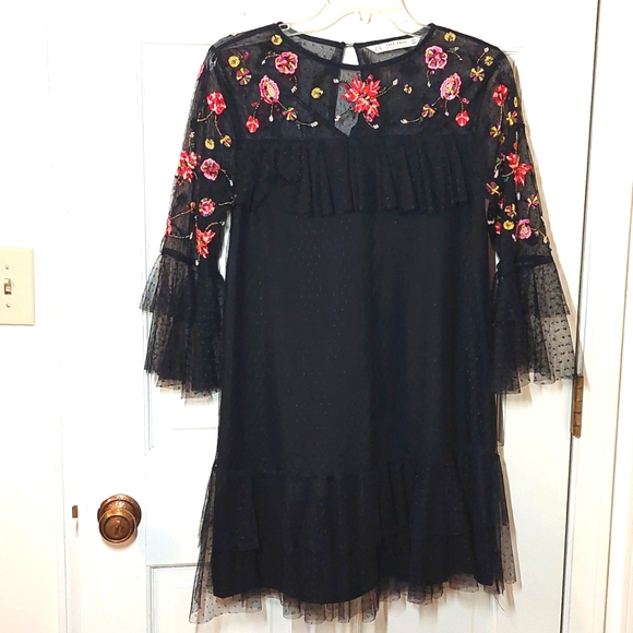 Zara black mesh lace embroidered mini dress, XS - Picture 2 of 9